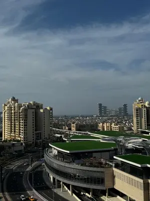 a view of a city with buildings and a highway at Hight-floor Studio Atlantis view in Dubai