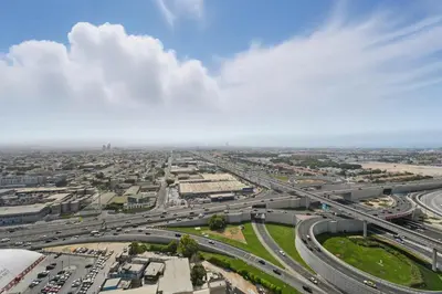 an aerial view of a city with traffic at Brand new Business Bay location in Dubai