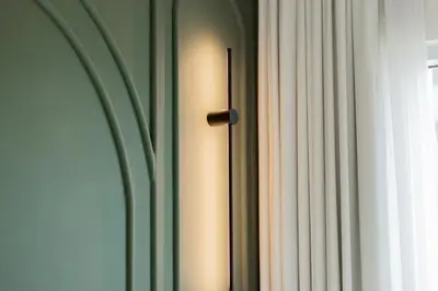 a door with a curtain next to a window at Elite Escapes - Socio Stylish 1 BHK Getaway in Dubai