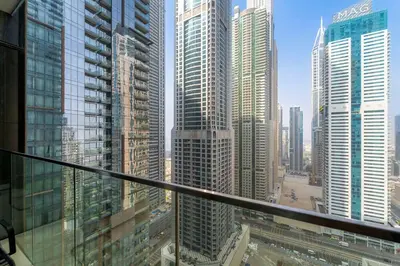 a view of a city with tall buildings at Silkhaus Modern Dubai Marina 1BDR Marina Gate in Dubai