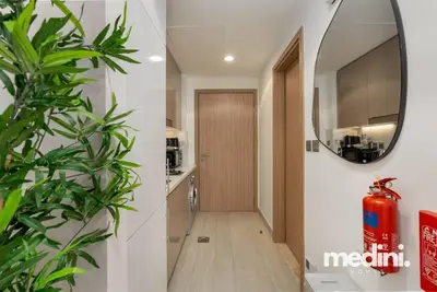 a hallway with a door and a mirror and plants at Azizi Riviera - 12min from Downtown in Dubai