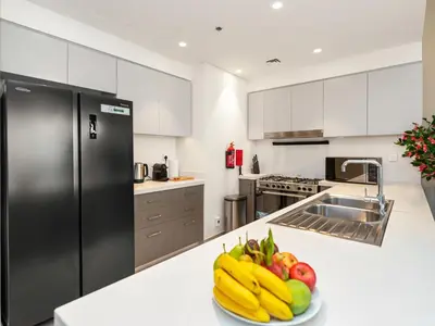 a kitchen with a plate of fruit on a counter at Panoramic Downtown & Fountain views from High Floors at Forte by Propigo in Dubai