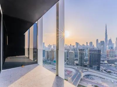 a view of a city skyline from a building at Modern Studio at Upside Living, Business Bay with Burj Khalifa View in Dubai