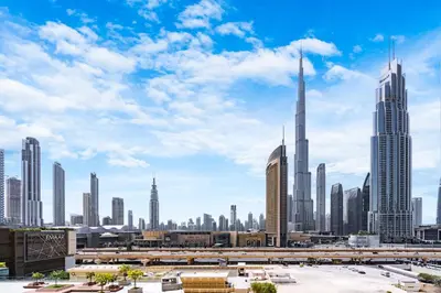 a view of a city skyline with the worlds tallest building at Premium Downtown Home with Burj Khalifa View in Dubai
