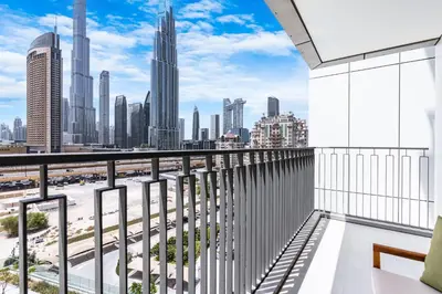 a balcony with a view of the city at Premium Downtown Home with Burj Khalifa View in Dubai