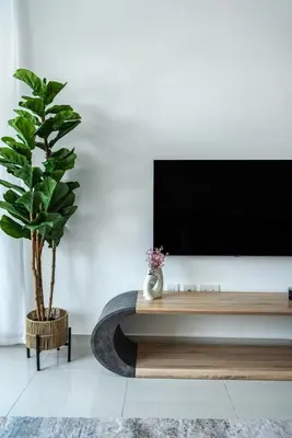 a living room with a tv and a potted plant at ShoresInn - Artistic Retreat in Dubai Marina in Dubai