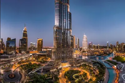 a view of a city with a tall skyscraper at ADDRESS Residences Opera 2BR Tower 1 - EPIC 30th floor Burj Khalifa view byBLCK with DXB AIRPORT VIP Shuttle option in Dubai