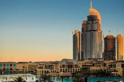 a view of a city with tall buildings at Downtown Gem, Fountain View! in Dubai