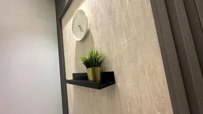 a clock and a potted plant on a wall at Horizon View Partition Room in Barsha Heights Near Metro in Dubai