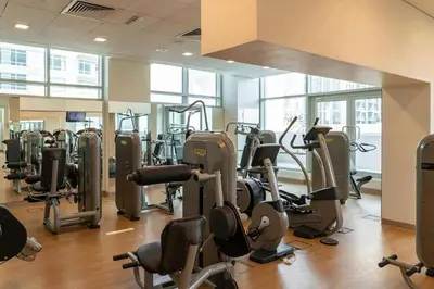 a gym with rows of treadmills and elliptical machines at Blueground Downtown BK view pool gym DXB-130 in Dubai