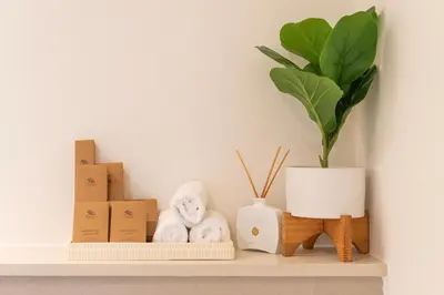 a shelf with boxes and a potted plant on it at Dubai Hills - 1BR Luxe Apartment - Golfville - by UDH in Dubai