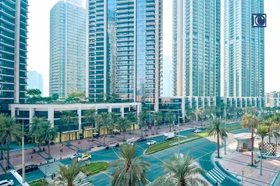 an aerial view of a city with tall buildings at Luxury Escapes - Elegant 3BR Apt with 4 Balconies in 29 Blvd in Dubai