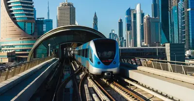 a blue and white train on the tracks in a city at Escape Partition Room in Barsha 1 Near MOE Metro in Dubai