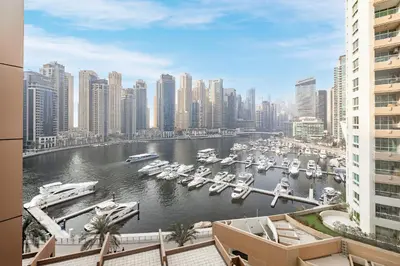 a view of a marina with boats in the water at Extra Spacious Home with Stunning Marina Views in Dubai