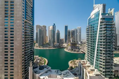 an aerial view of a city with tall buildings at GuestReady - Splendid Stay in Dubai Marina in Dubai