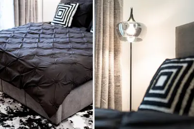 two pictures of a bedroom with a bed and a lamp at Ultra-Chic 1BR Near Marina & Beach Walk in Dubai