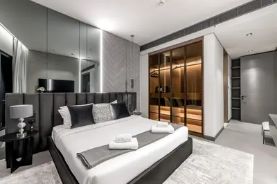 a bedroom with a large white bed in a room at Address JBR, Beach View, Jumeirah Beach Residence - Mint Stay in Dubai
