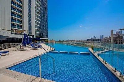 a large swimming pool on top of a building at GLOBALSTAY Palm View in Dubai