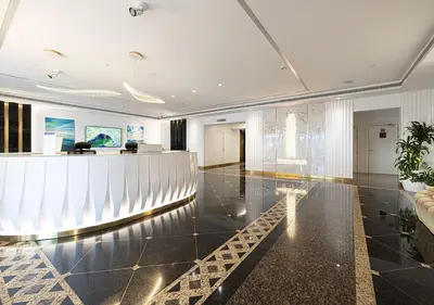 a lobby with a reception desk in a building at Princess Tower - Spectacular Sky Views, Palm Jumeirah & JBR Beach in Dubai