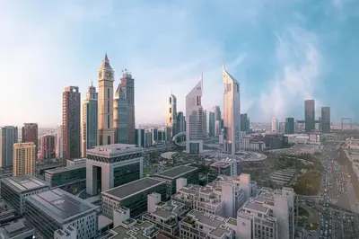 an aerial view of a city with tall buildings at LUXE | 1BR | Heart of DIFC & Trade Centre in Dubai
