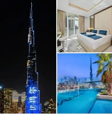 a hotel room with a view of the burj khalifa at Luxury 3BR Burj Khalifa View Infinity Pool Spa Gym in Dubai