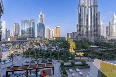 a view of a city skyline with tall buildings at Spacious 3 Bedroom Apartment in Downtown with Burj Khalifa view in Dubai