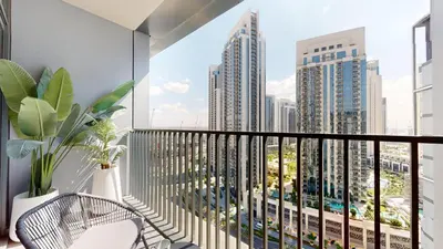 a balcony with a view of the city at Creek Edge - Elegant One Bedroom in Creek Habour in Dubai