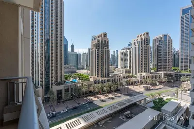 a view of a city with tall buildings at One Bed with Burj Khalifa View in Dubai
