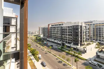 an aerial view of a city street with buildings at Trendy Azizi Riviera 1-Bed with Balcony Views in Dubai
