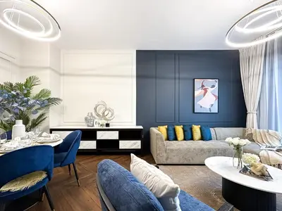 a living room with a couch and a table at Trophy Starlight Suites Lux Upgraded 1BR in Marina in Dubai