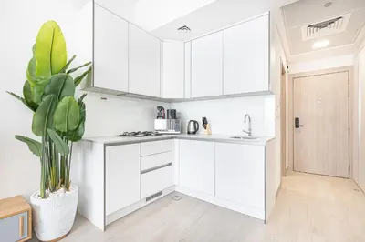 a kitchen with white cabinets and a potted plant at Cozy & Bright Home in the Heart of JVC in Dubai