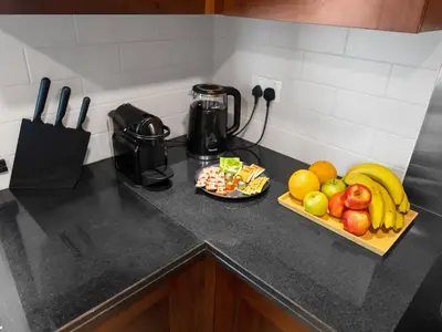 a bowl of fruit on a kitchen counter at New Downtown Setup - Penthouse with Panoramaic Views in Dubai