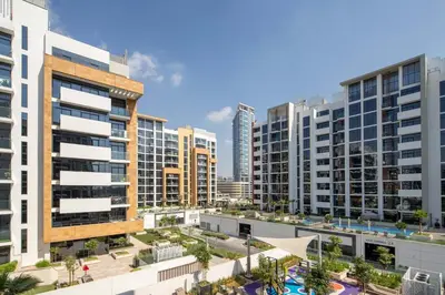 an aerial view of a city with tall buildings at Frank Porter - Azizi Riviera 28 in Dubai