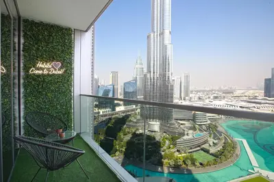 a view of a city from the top of a building at Burj Khalifa & Fountain Views, Pool, Free Parking in Dubai
