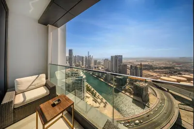 a room with a view of a city at Stylish 1BR apartment in Address Beach Residence in Dubai