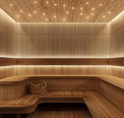 a sauna with a wooden bench and lights on the ceiling at 2-Bedroom Apartment in ME DO RE in Dubai