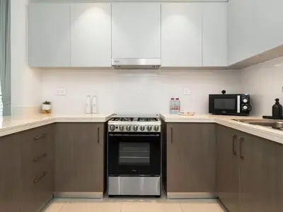 a kitchen with a stove and a microwave at Dream Location - Luxury and Comfort in Dubai in Dubai