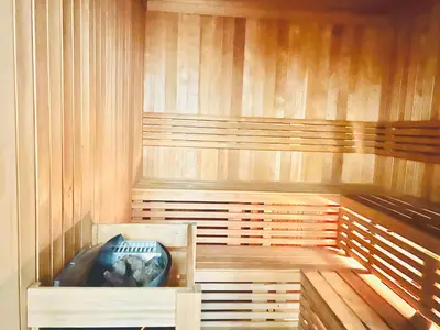 a sauna with a football inside of it at Modern Studio in Business Bay in Dubai