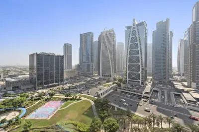 an aerial view of a city with tall buildings at Spacious 1-Bedroom Apartment in JLT in Dubai