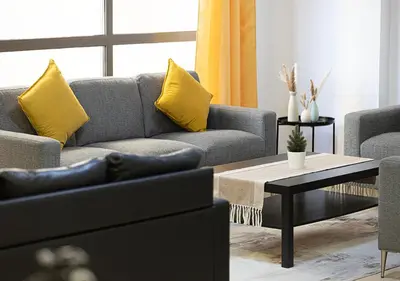 a living room with a couch and a coffee table at 2 min walk to JBR Beach & Dubai Marina - Sea View in Dubai