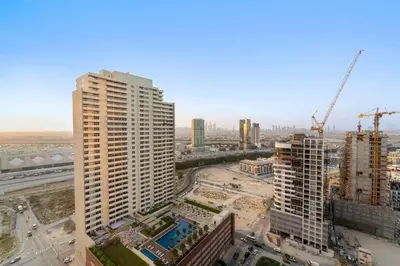 an aerial view of a city with tall buildings at FIRST CLASS Studio Luxury Getaway in Dubai