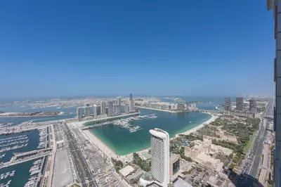 an aerial view of a city with a harbor at StayShort - Luxurious 2-Bedroom Apartment perfect for families in Dubai Marina in Dubai