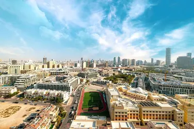 an aerial view of a city with buildings at Lovely Studio in Bloom Tower, 10 minutes to Marina in Dubai