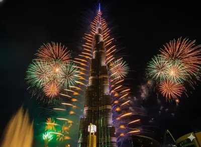 a picture of the burj khalifa with fireworks at Full Burj Khalifa & Fountain View Living & Bed in Dubai