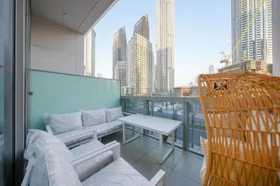 a balcony with a view of a city skyline at Forte Luxe - Stylish 2BR Downtown Escape in Dubai