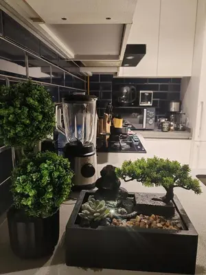 a kitchen with two potted trees on a counter at Chic 2BR near Dubai Mall & Burj l Canal & City view I 5 pax in Dubai