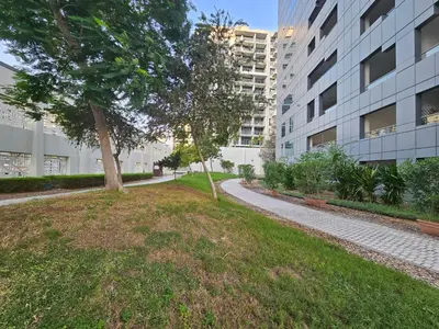 a tree on a grass field next to a building at Vacay Lettings - DAMAC Capital Bay Tower in Dubai