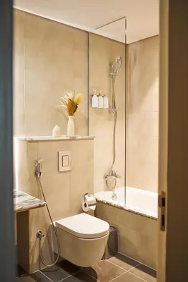a bathroom with a shower and a toilet and a tub at Luxury Seaview 2BR - Paramount Midtown - 6 Guests - 64F Pool Access & Burj View in Dubai