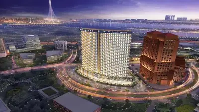 an overhead view of a city with a large building at Close to burj khalifa nice place in Dubai