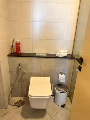 a bathroom with a white toilet and a trash can at Close to burj khalifa nice place in Dubai